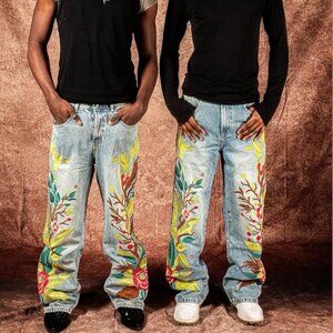 Mens VeryRare Sakura Jeans Size L Blue Denim Pants Embroidered Cherry Blossom